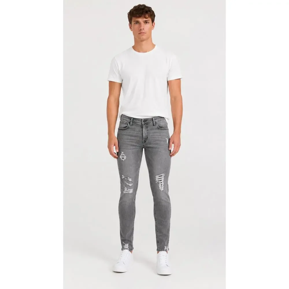 ADPT Mens Grey Denim Spray On Skinny Fit Jeans Distressed Heavy Rips Size 34x32